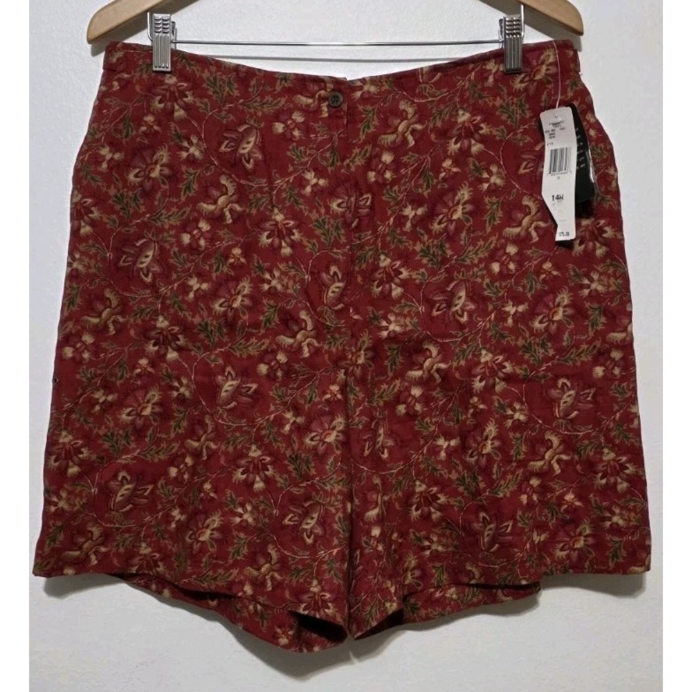 LAUREN RALPH LAUREN Tahiti Red Floral 100% Linen Shorts‎ Sz 14W Flat Front NWT